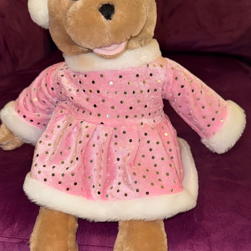 Kids Brown Teddy Bear Pink Dress Silver Polka Dots White Fur Trim in Ice Skates - Picture 3 of 10